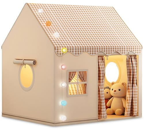 FREEAMG Kids Play Tent with Multi-Coloured Ball Lights & Storage Bag Khaki