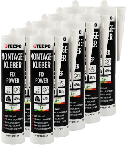 TECPO Montagekleber Fix Power, 10x 480g Universal Baukleber Kartuschen Kraftkleber 200kg 10 cm² für Akustikpaneele, Styropor, Sockelleite Innen und Außen schnelle Verklebung ohne Grundierung