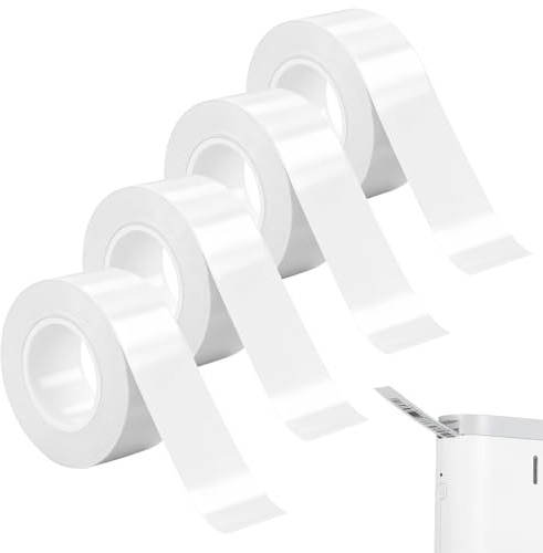 TANGJJY 4 Rollen Thermo Etikettenband, 15mm x 4m Selbstklebende Etikettenband Wasserdicht, Weiß Etikettenbänder, Angepasstes Etikettendruckpapier, Thermal Label Tape für Haus, Büro, Schule