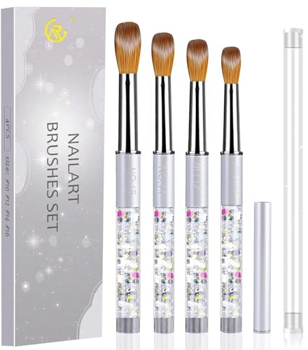 Jorun 4 Pcs Acrylic Nail Brush Set - Professional Size 10/12/14/16 Acrylic Brush Strong Durable Acrylic Nail Brushes Nail Art Brushes - Acrylic Brushes for Nails for Home Diy Salon - Silver
