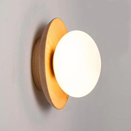 Alpinaluz Aplique de Pared Ø21 cm – Base Redonda de Madera Natural y Globo Ovalado de Vidrio Opaco Opal, Diseño Nórdico Wabi-Sabi, Casquillo G9