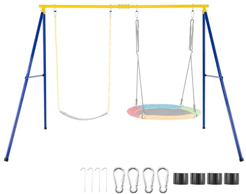 FANTASK Outdoor Schaukelgestell, Schaukelgerüst Metall mit Bodenanker, Rutschfester Fußkappe, Schaukel Gestell bis 300 kg belastbar, Doppelschaukel (Nur Gestell) (Blau-gelb)