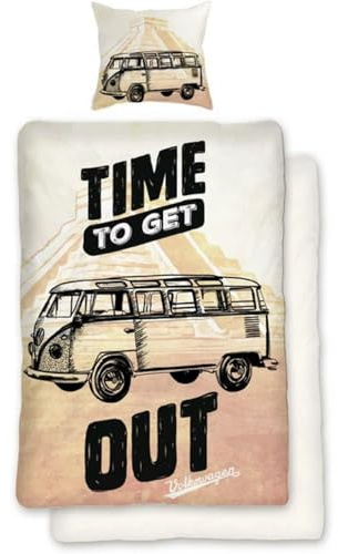 SkyBrands Volkswagen Bettwäsche 135x200 cm - VW Bulli T1 Bus Time to Get Out Design - 2-teiliges Set mit Kissenbezug 80x80 cm - 100% Baumwolle (Renforcé) mit Reißverschluss