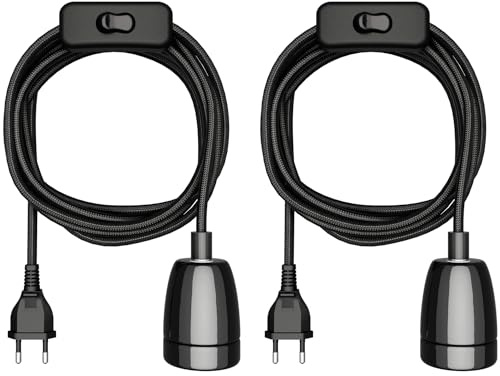 ledscom.de 2x Textilkabel LEHA II, Stecker, Schalter, schwarz glänzend, 3 m, Porzellan-Fassung, 1x E27 max. 300W