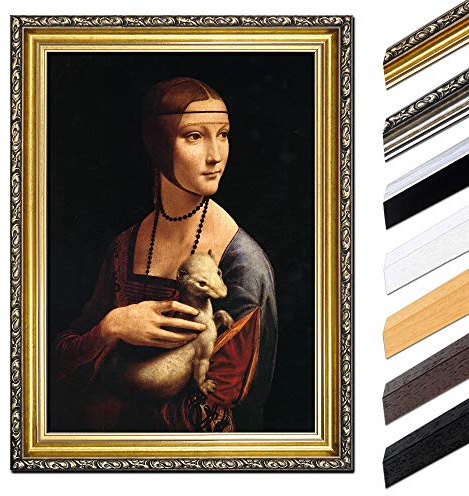 Bilderdepot24 Bild mit Rahmen - Leonardo da Vinci Die Dame mit dem Hermelin 40x50 cm - Gerahmtes Leinwandbild Alte Meister - Antiker Rahmen Gold Barock, Klassisch