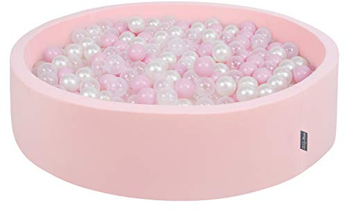 KiddyMoon Bällebad 120X30cm/300 Bälle Rund Groß Bällepool Mit Bunten Bällen Für Babys Kinder, Rosa:Puderrosa-Perle-Transparent