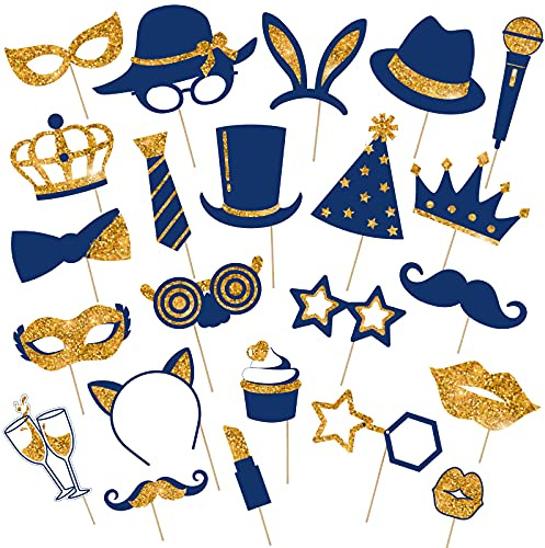 Zonon 24 Stück Foto Requisiten Fotobox Accessoires, Gold und Marineblau | Lustige Foto Booth Props für Geburtstag Hochzeit Disco Karneval, Mischung mit Hut Lippenstift Krawatte Kronen