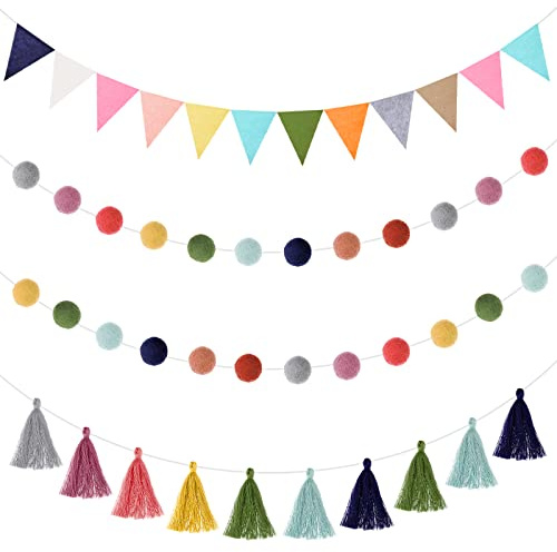 Irenare 9.8 ft Pom Pom Garland Felt Rainbow Garland 2026 Graduation Party Decoration Colorful Pennant Tassel Banner Back to School Birthday Triangle Banner for Classroom School Mantel(Bright Color)