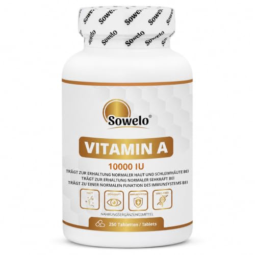Vitamin A 10.000 IE – Hochdosiert 375% NRV – 250 Tabletten – Für Haut | Augen, Immunsystem & Zellschutz – Reine Formel ohne unnötige Zusätze – Sowelo