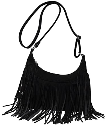 Femmes Épaule Sac à Main Gland Frange Rétro Style Fourre-Tout Avec Sangle Réglable pour Le Travail, Le Noir