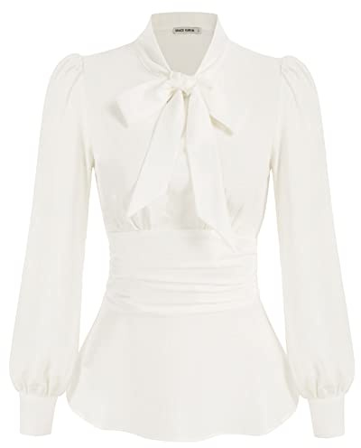 GRACE KARIN Donna Camicetta con Vita Definita Maniche Lunghe a Sbuffo Fiocco Decorativo Ufficio Elegante Top Scollo a V Peplum Orlo Nero/Avorio