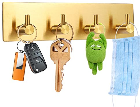 Picowe Key Holder for Christmas Wall Decorative, Adhesive Stainless Steel Key Hooks, Key Hanger Key Organizer Towel Hook Coat Hanger for Entryway Hallway Kitchen (Four Rows, Golden 1 PC)