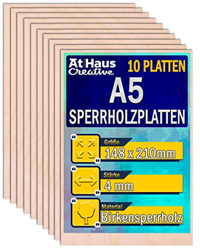 AtHaus 10 x A5 Sperrholzplatte 4mm | 148 x 210 mm | Birkensperrholz | Perfektes Blatt für Laserschnitt, CNC Router, Brandmalerei, Laubsäge, Durchbrochenes | Dünne Holz-Zuschnitt
