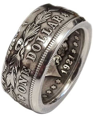 SUKKCCNO 925 Sterling Silver Dollar Ring Vintage United States National Emblem Engraved Double Side Coin Rings Gothic Punk Statement Band Handmade Wide Ring for Men Jewelry Gift 12
