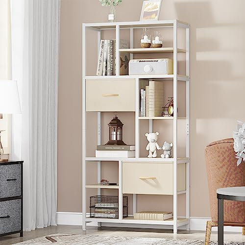YITAHOME Bücherregal Mit 7 Regalen und Schubladen - Boden bis zur Decke, Industrielles Design, Stahlregal für Wohnzimmer, Büro, Arbeitszimmer, Flur, Küche - Beige