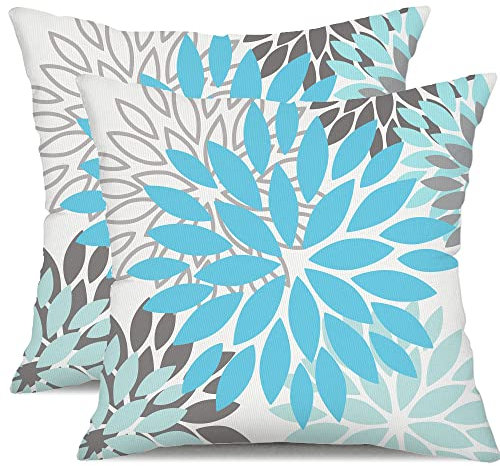 Juego de 2 fundas de almohada de flores de dalia azul cielo de 18 x 18 pulgadas, para exteriores, impermeable, decoración para sala de estar, sofá, patio, jardín, funda de cojín de lino floral