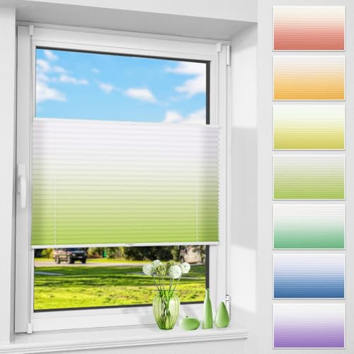 Allesin Plissee ohne Bohren mit Farbeverlauf, Grün-Weiß 85x110cm(BxH), Plissees Klemmfix, Plisseerollo Jalousie Rollos für Fenster und Tür, Sichtschutz und Sonnenschutz