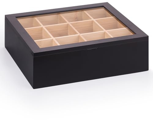 Woodluv Tea Storage Organizer with 12 Compartments, Premium Multi Purpose Display Case, Storage for Assorted Teas, Lidded Countertop Holder, Stylish Chai Container with Lid for Kitchen - Black