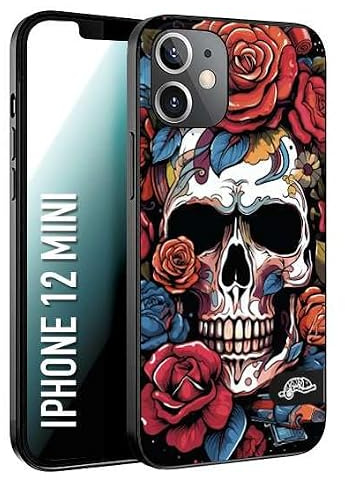 CUSTOMIZZA - Custodia cover nera morbida in tpu compatibile per iPhone 12 MINI teschio skull flowers fiori rose rosse tattoo disegnato