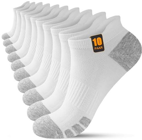 FORVEVO 10 par sneakers strumpor för män och kvinnor, sportstrumpor bomull, ventilerande löparstrumpor korta, Vit, 43-46 EU