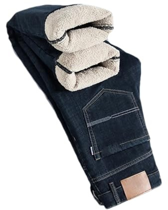 Eesuei Winter Lamb Fluff Denim Straight Pants Men Thicken Jeans High Waist Stretch Jeansy Fleece Lined Warm Slim Vaqueros 070-H 34