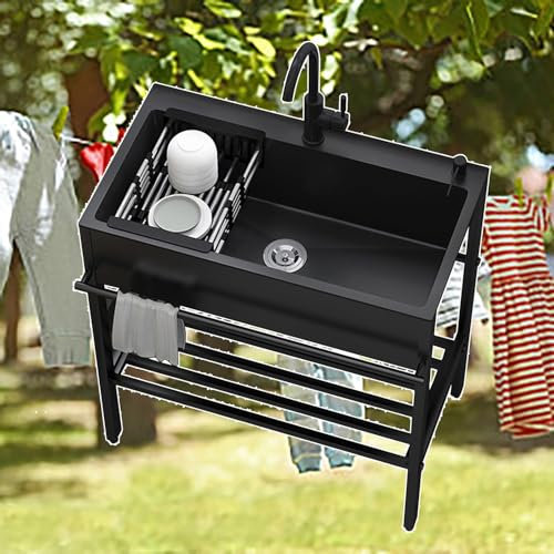 Edelstahl Waschbecken Schwarz, Freistehendes Einzelbecken Spüle Mit Wasserhahn, Küche Ausgussbecken Mit Unterschrank, Mobiles Waschtisch, Kommerzielle Einzelbeckenspüle, Für Waschküche, Camping (Size