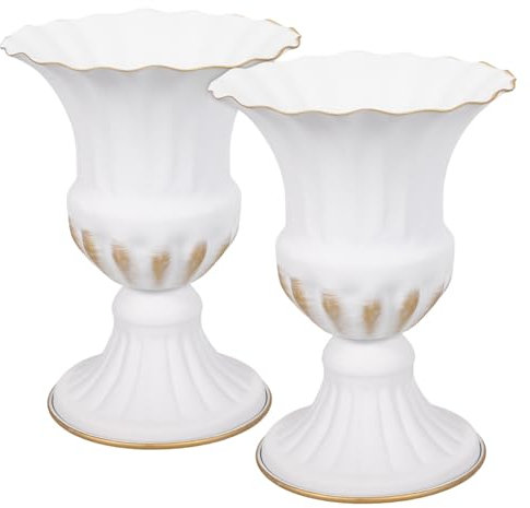 OUNONA Jardinière en Fer Lot De 2 Pots De Fleurs De Cimetière Base Stable Blanc Et Or Brossé, Vase Commémoratif Résistant Au Vent pour Décoration Funéraire Jardin Et Pelouse