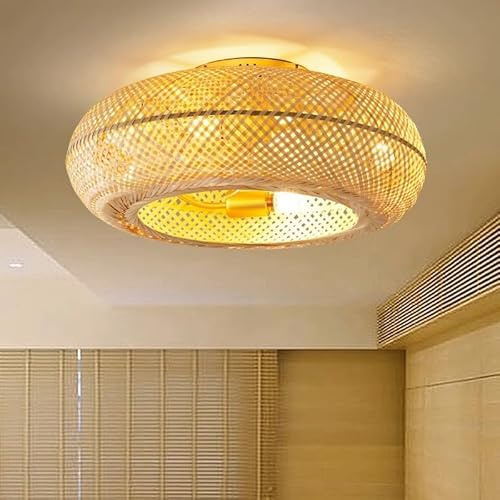 VRODNSD Retro Bamboo and Rattan Ceiling Fan Bamboo 220v Frequency Conversion Chandelier Bedroom Restaurant Ceiling Bird Cage Chandelier Rattan Cage Invisible Ceiling Fan Fan Lamp