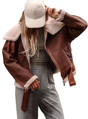 Veste en cuir pour femme - Veste d'hiver en cuir synthétique doublée - Veste en polaire - Veste d'aviateur - Veste de pilote - Veste de moto - Veste bomber - Veste demi-saison - Veste d'hiver - Veste