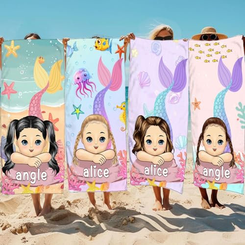 Qiqumax Telo mare personalizzato con nome, sirena, asciugamano da bagno con nome sirena, in microfibra, grande 100 x 200 cm, asciugamano da bagno per bambini (1,40 x 80 cm)