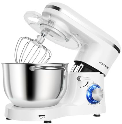 AUMATE Batidora Amasadora, Amasadora de Pan de 6,2 L, 1400 W, Robot de Cocina Con Batidor, Gancho Amasador, Batidora Mezcladora, 6 Velocidades (Blanco)