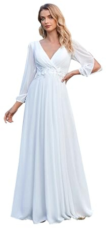 MisShow Women's Elegant A line Chiffon Long Sleeve V Neck Long Wedding Dress White 16