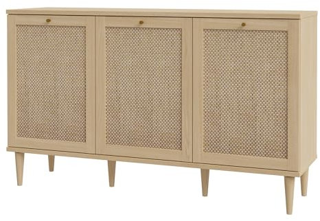FORTE CALASETTA Kommode 150, Kommode im Boho Stil, Wiener Geflecht, Sideboard mit 3 Türen, Elegancia Eiche Holzdekor/Technorattan, 150 cm breit x 90 cm hoch x 41 cm tief