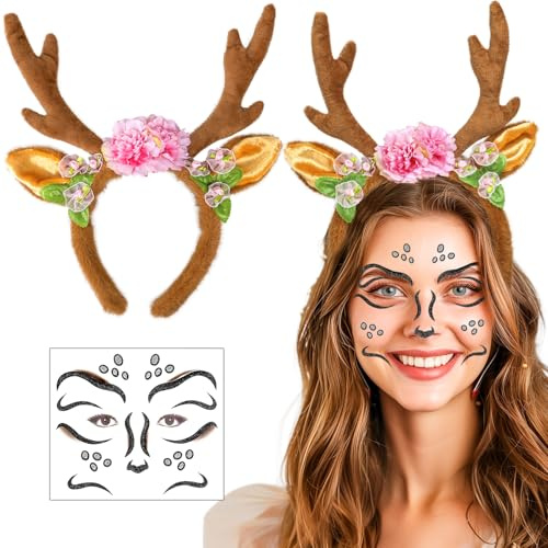 iZoeL Karneval Kostüm Damen Mädchen, Haarreif Reh Geweih Hörner mit Blumen + Reh Gesichtstattoo, Damen Kinder Reh kostüm Kopfschmuck Haarreifen Fasching Mottoparty Karneval kostüm
