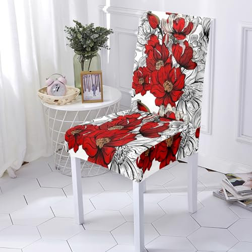 Stuhlhussen 4er Set Rote Graue Blume Stuhlhussen Schwingstuhl Universal Sesselhusse Waschbar Sesselbezug Stretch Hussen für Stühle Restaurant Party Küchenstühle Stuhlbezug