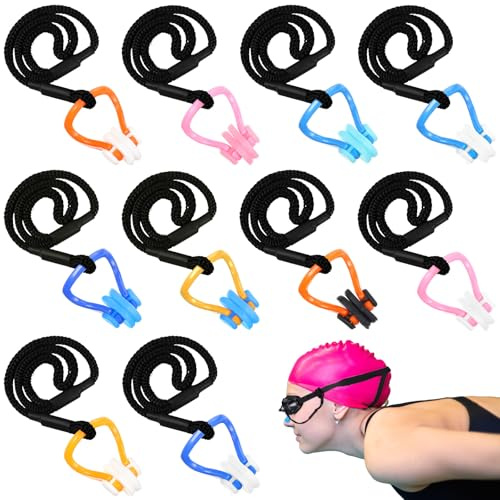 Seenelling 10 Pcs Swimming Nose Plug with String Waterproof Swim Nose Clip Soft Silicone Gel Protector Accessories for Adults Beginners Training Supplies, 10 Colors(Color B,Classic)