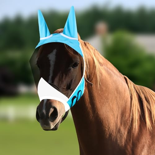 Vylyciy Masque Anti-Mouches pour Cheval,Masque Anti Mouche Cheval Protection UV,Masques Chevals Anti Mouche,Respirant Bonnet Anti Mouch Cheva,Anti Mouches Chevaux,Déhnable, Atmungsaktiv,Confort,Bleu