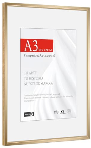 HIMEETIME® 1x Cornice Foto A3 29,7x42cm Alluminio spazzolato dorata champagne,Passepartout 21x30,Cornice 30x42 Grande per Foto Disegni,Solo per Espositore a Parete