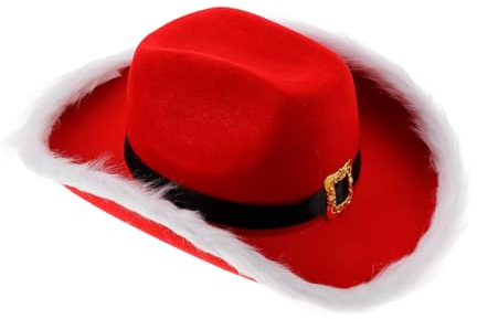 LRXIYODE Weihnachts Cowgirlhut Rot mit Weißer Krempe Festlicher Santa Claus Hut Aus Weichem Vliesstoff Modisches Weihnachtskostüm Accessoire Für Xmas Party