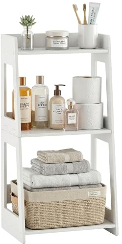 POBOMULI 3-Tier Bathroom Ladder Shelf Freestanding, 12.6 W x 26 H, PVC | White Floor Shelves, Small Bookshelf, Nightstand, for Home Study, Laundry Room, Open Display Rack, 11.8 Deep