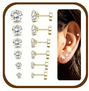 6 Paires Boucles d'Oreilles Dos Plat pour Femmes Hommes Acier Inoxydable Zircone Cubique Clous d'Oreilles Hypoallergénique Cartilage Helix Piercing Oreille Argent/Or