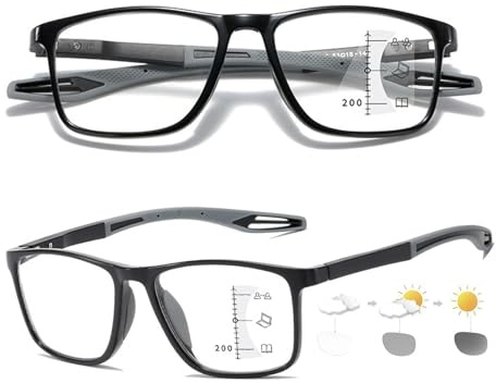 Selbsttönende Gleitsicht Lesebrille Gleitsichtbrille Progressive Multifokus Blaulichtfilter Photochrome Herren Damen TR90 Federscharnier(Black/Grey,4.0 x)
