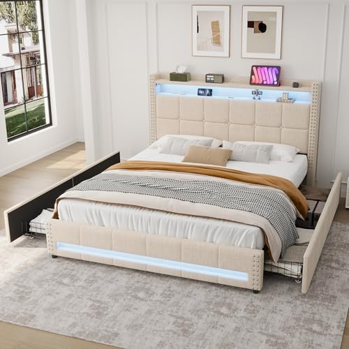 Merax 4ft6 Double Bed LED Upholstered Bed with 4 Storage Drawers,USB & Type-C Charging Ports, Button Tufted Headboard, Linen Fabric, No Box Spring Required – Beige (No Mattress)