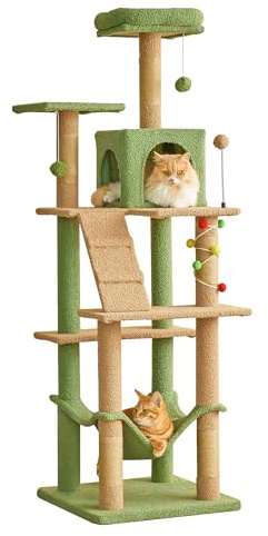 Quuzee Green Cat Tree, 163cm Multi-Level Tower for Indoor Cats with Sisal-Covered Scratching Posts, Padded Perch, Cozy Hammock and Dangling Toys