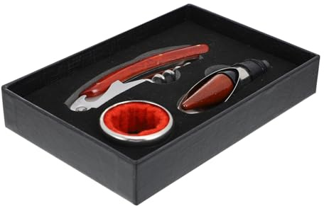 jojofuny 3 pièces Set de Outils pour Vin Rouge avec Ouvre-Bouteille Ergonomique Verseur Anti-Goutte et Anneau Anti-Goutte Coffret Cadeau Bois Rouge pour Ouverture Facile et Service Élégant