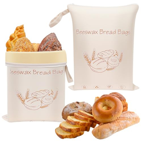 Pack de 2 bolsas de pan de cera de abejas con cremallera en L, 42 x 33 cm, 100% algodón, bolsas enceradas para pan casero, masa madre, bolsas de almacenamiento para alimentos frescos, reutilizables