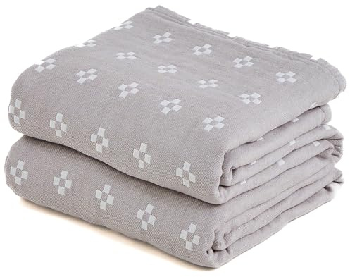 HOORDRY Premium Musselin Decke 100% Baumwolle 200x230CM | 4-lagige Baumwollgaze Doppelseitige Tagesdecke Bettüberwurf Atmungsaktive,Leichte für Doppelbetten und Sofas,Grau&Weiß