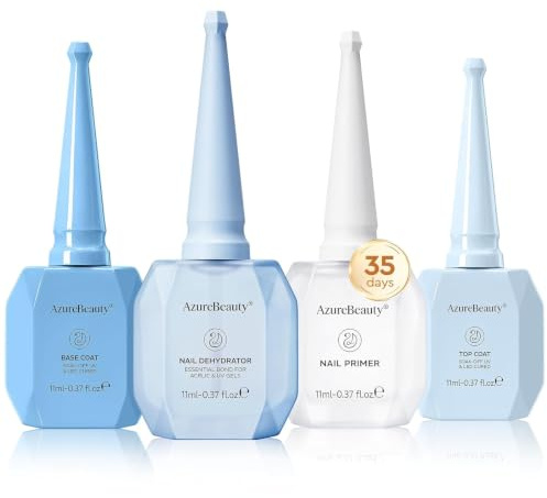 AZUREBEAUTY Gel Nail Polish Top Coat and Base Coat Set with Nail Dehydrator and Primer, 4pcs Complete No-Wipe Soak-Off Acid-Free Nail Prep Kit for Nail Art Manicure, Long-lasting, No Lifting