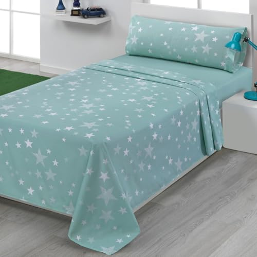 Sibiles Juego de Sábanas Infantil y Juvenil Algodón y Poliéster 50/50 Diseño Estrellas Agua Color Agua Talla Cama 90