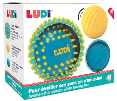 LUDI - Set med 3 sensoriska bollar i blått och gult – olika upplevelsebollar – 1 stor massagekula + 2 små bollar – 15 och 8 cm – mjuk plast – från 6 månader
